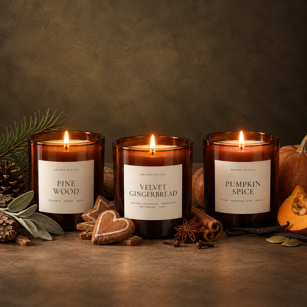 Zestaw 3 x świeca 280ml AMORIA | VELVET GINGERBREAD, PINE WOOD, PUMPKIN SPICE
