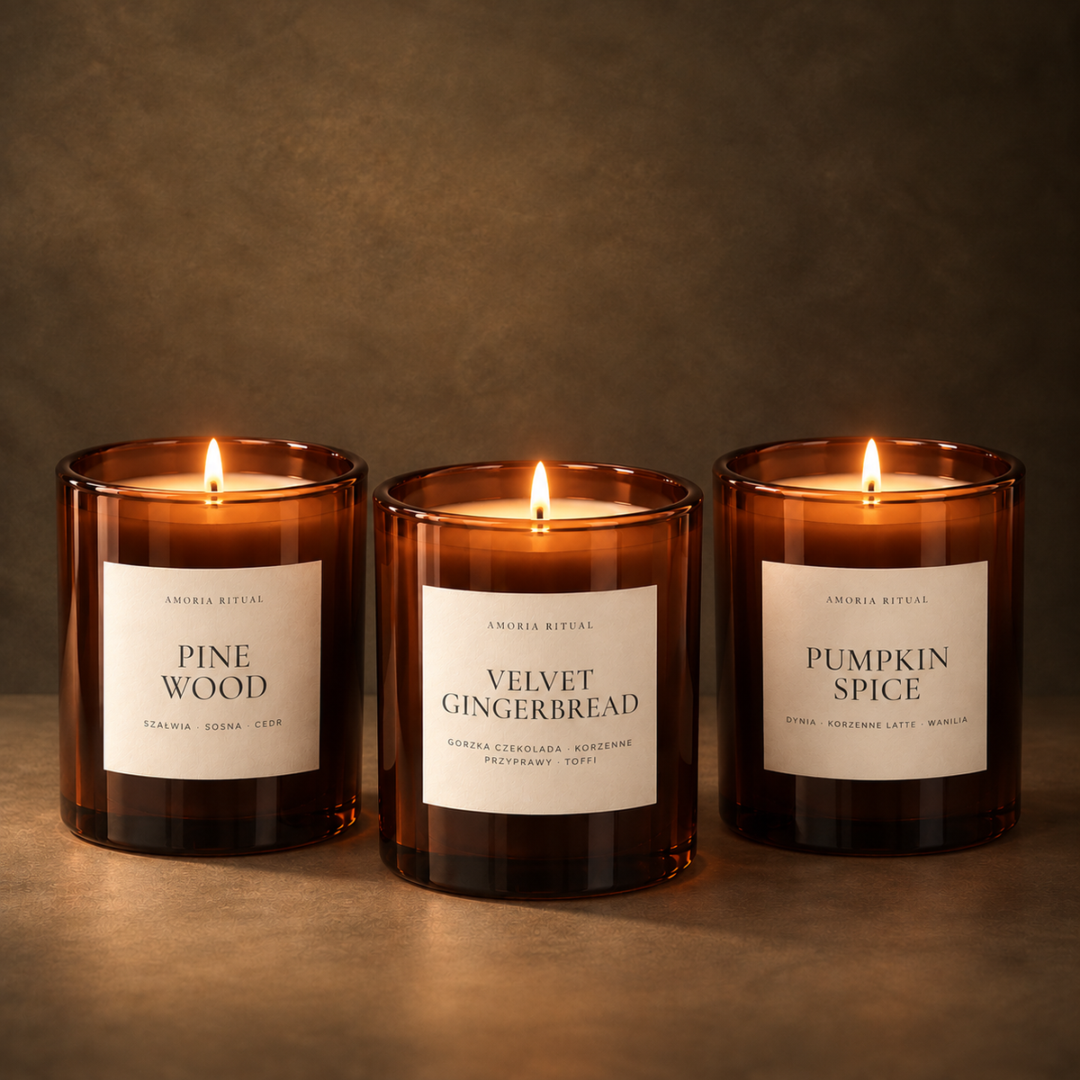 Zestaw 3 x świeca 280ml AMORIA | VELVET GINGERBREAD, PINE WOOD, PUMPKIN SPICE