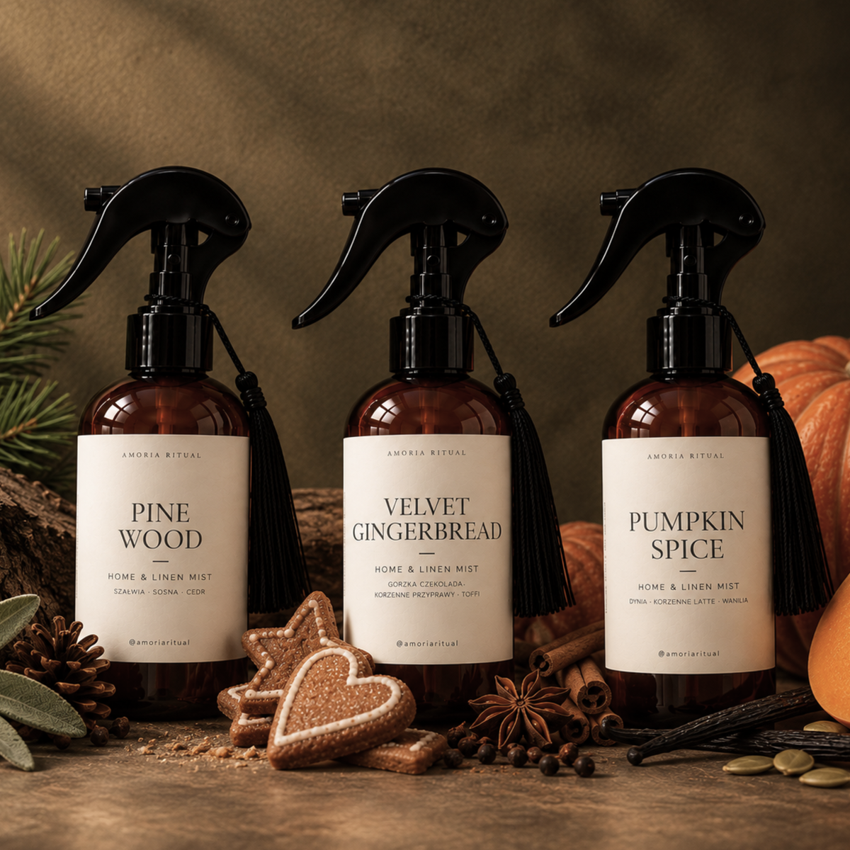 Zestaw 3 x zapach do wnętrz 250ml AMORIA | VELVET GINGERBREAD, PINE WOOD, PUMPKIN SPICE