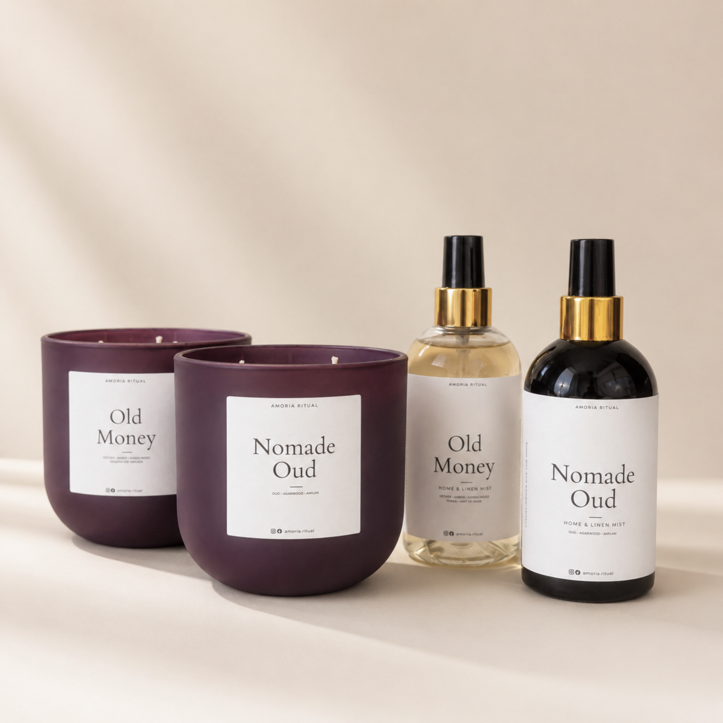 ZESTAW Prezentwy XXL 2xŚwieca zapachowa 600ml + 2xHome Spray 250ml AMORIA | NOMADE OUD&OLD MONEY