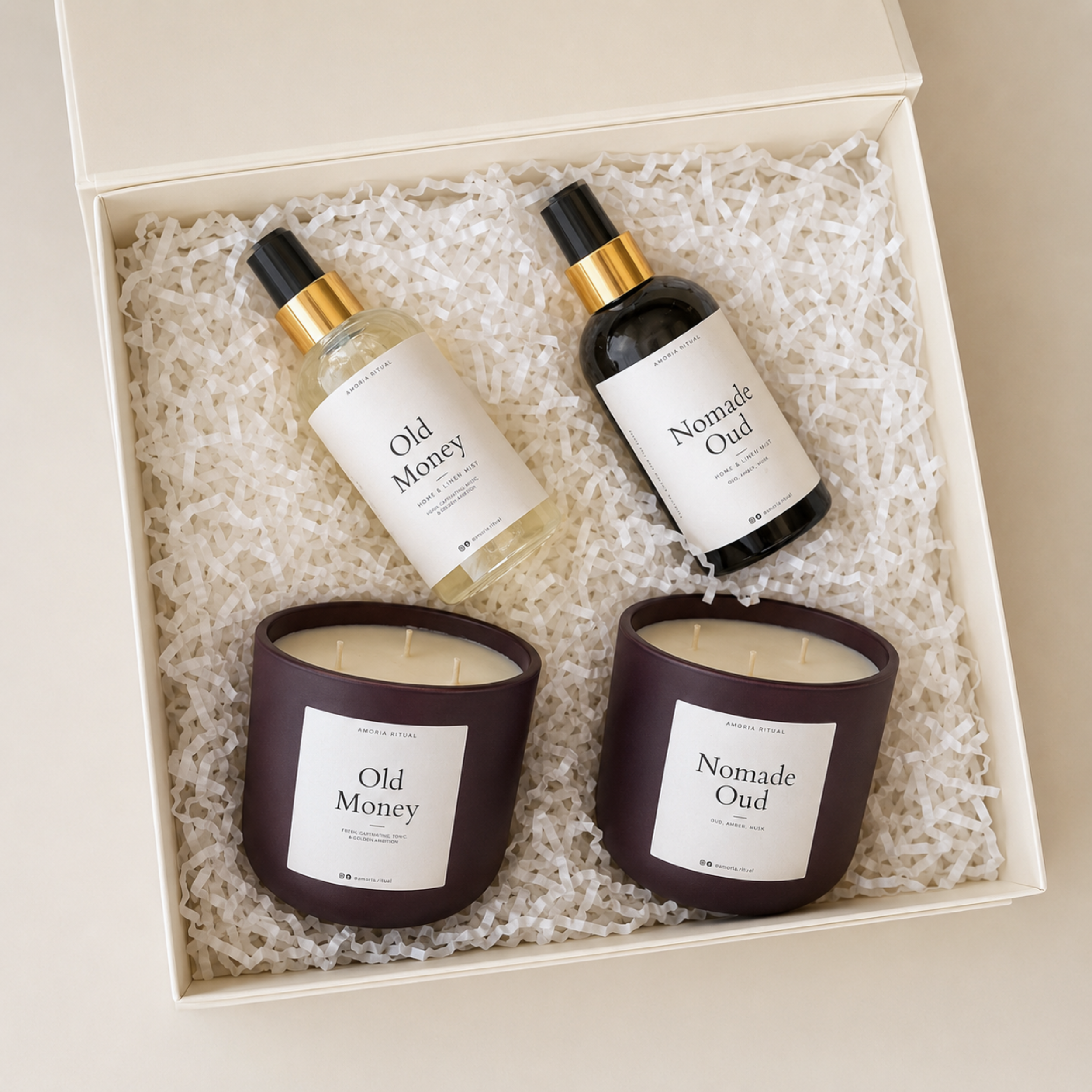 ZESTAW Prezentwy XXL 2xŚwieca zapachowa 600ml + 2xHome Spray 250ml AMORIA | NOMADE OUD&OLD MONEY