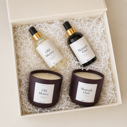 ZESTAW Prezentwy XXL 2xŚwieca zapachowa 600ml + 2xHome Spray 250ml AMORIA | NOMADE OUD&OLD MONEY